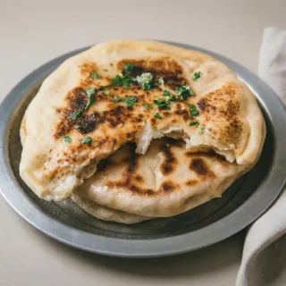 Recette du cheese naan maison bien gonflé, doré à la poêle et garni d'un fromage chaud fondant.