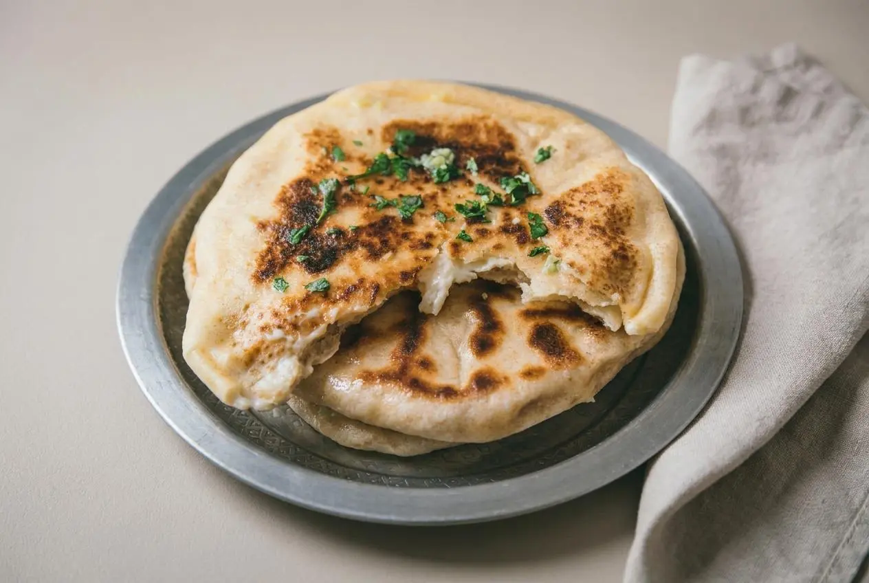 Recette du cheese naan maison bien gonflé, doré à la poêle et garni d'un fromage chaud fondant.