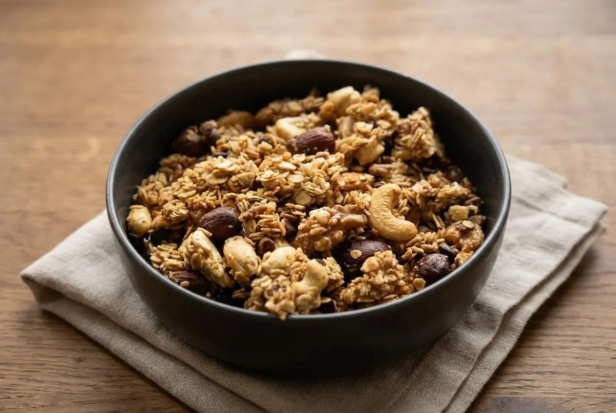 Granola maison doré et croustillant aux flocons d'avoine, oléagineux et pépites de chocolat.