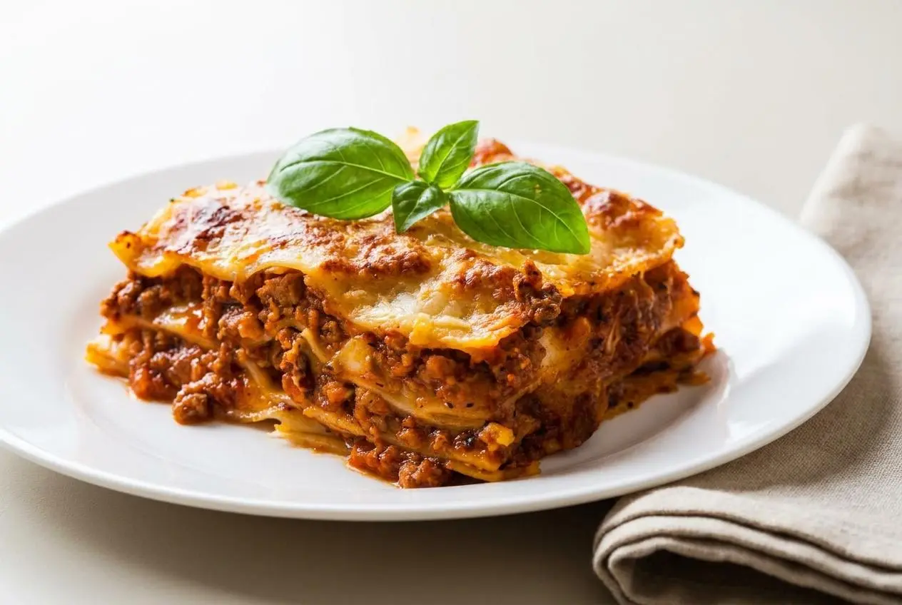 Recette lasagne maison avec couches fondantes de bolognaise et béchamel sous une croûte bien dorée.