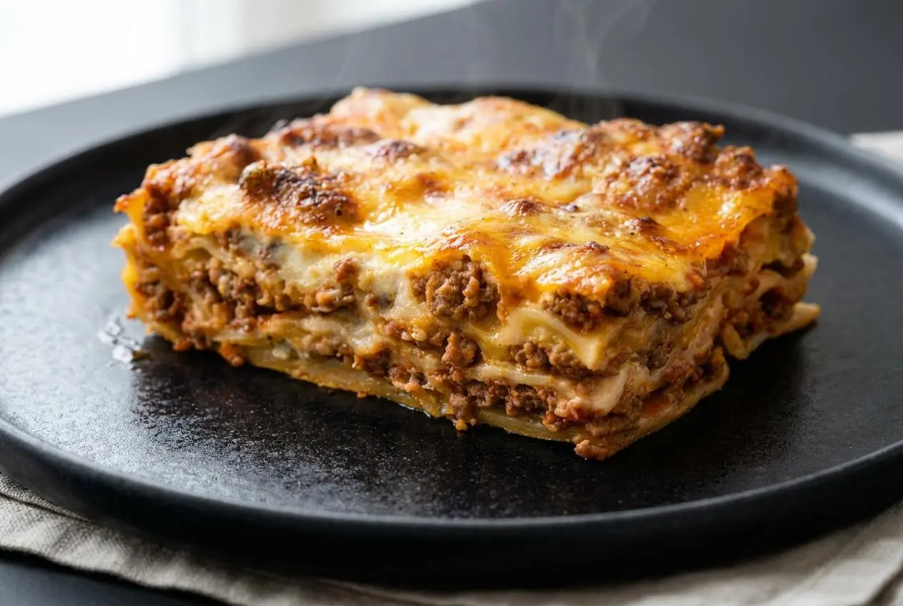 Recette lasagnes bolognaise maison au boeuf mijote, bechamel nappante et gratin de parmesan dore.