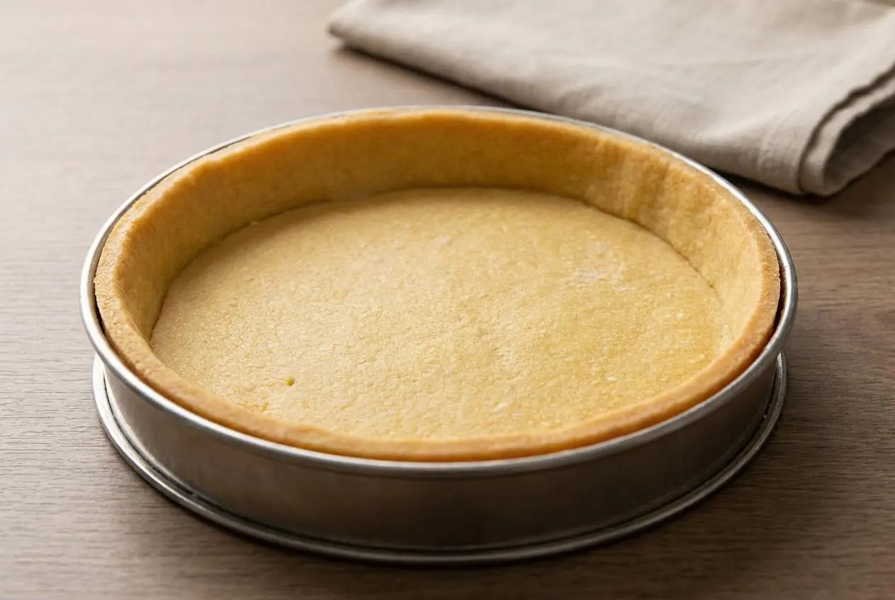 Fond de tarte doré et friable issu d'une recette pate sablée réussie, prêt à garnir.