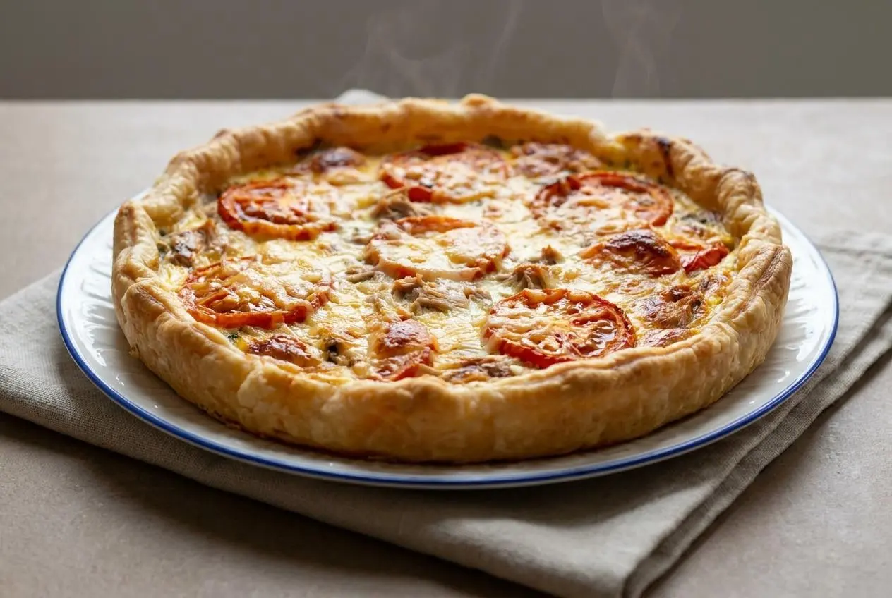 Recette quiche au thon dorée au four avec garniture onctueuse et tomates mûres.