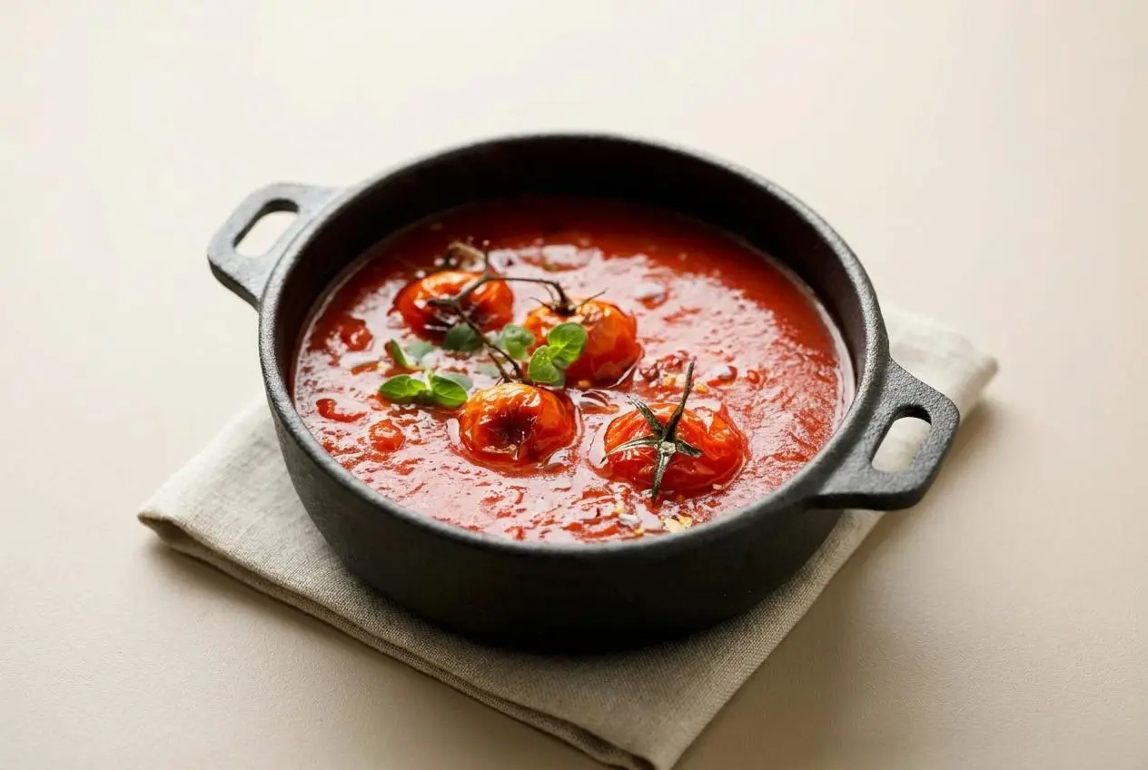 Recette sauce tomate maison onctueuse et brillante servie dans une cocotte en fonte.