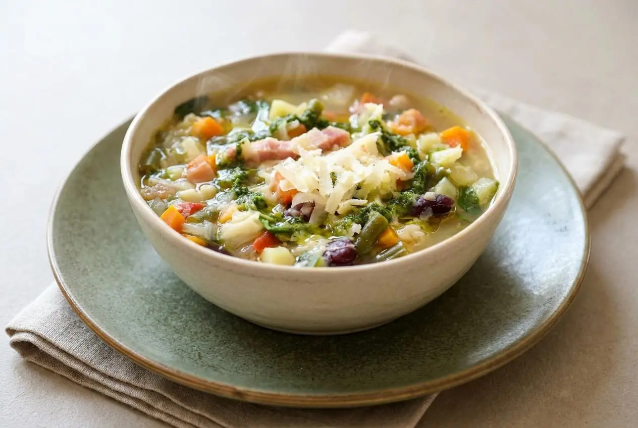 Recette soupe au pistou provençale servie dans un bol rustique avec légumes d'été et basilic pilé.