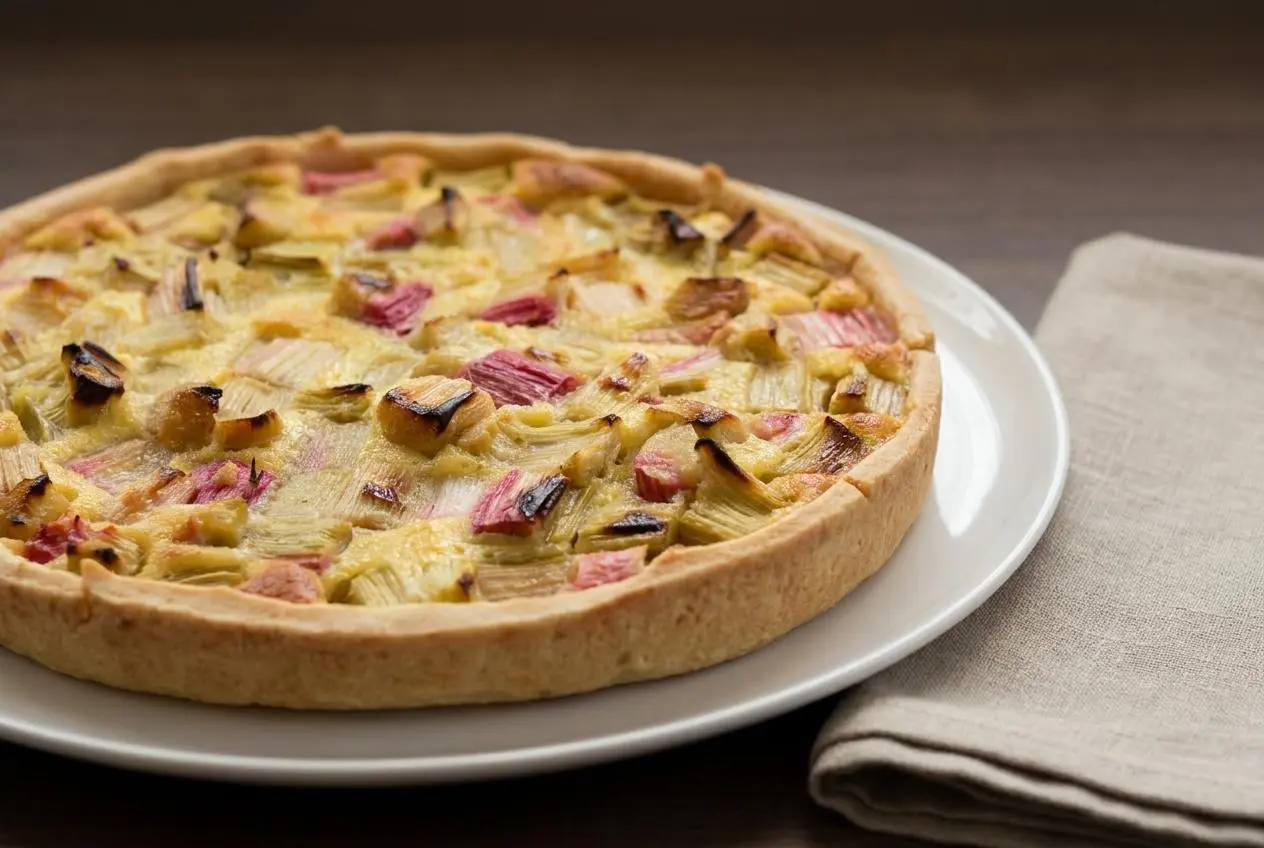 Tarte à la rhubarbe cuite au four avec une pâte dorée et une garniture fondante à la rhubarbe.