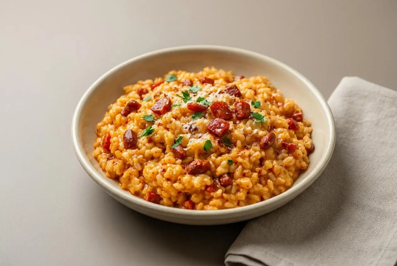 Risotto au chorizo crémeux et brillant parsemé de persil plat et de parmesan râpé
