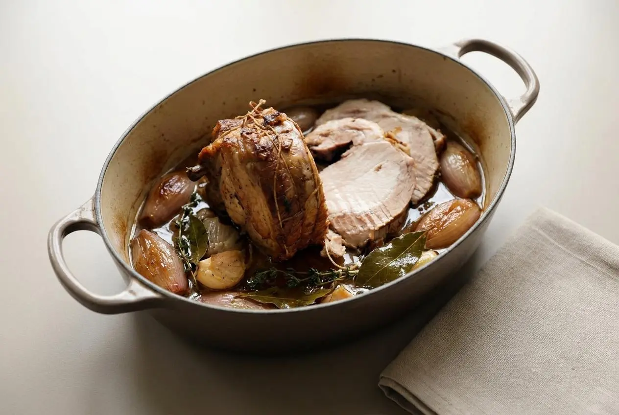 Rôti de porc en cocotte doré et tranché avec son jus de cuisson parfumé au thym et à l'ail