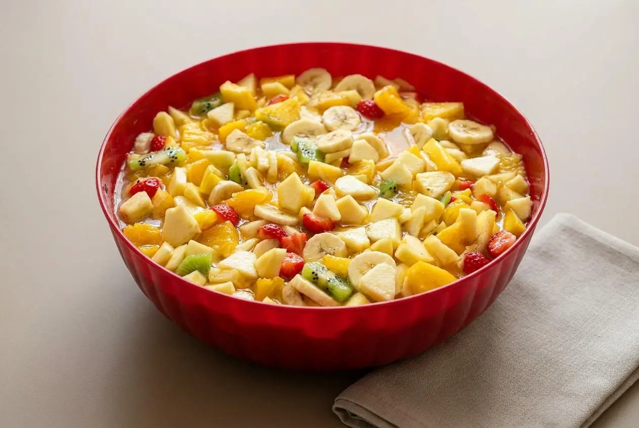 Salade de fruits fraîche et colorée aux morceaux réguliers enrobés d'un jus d'agrumes brillant