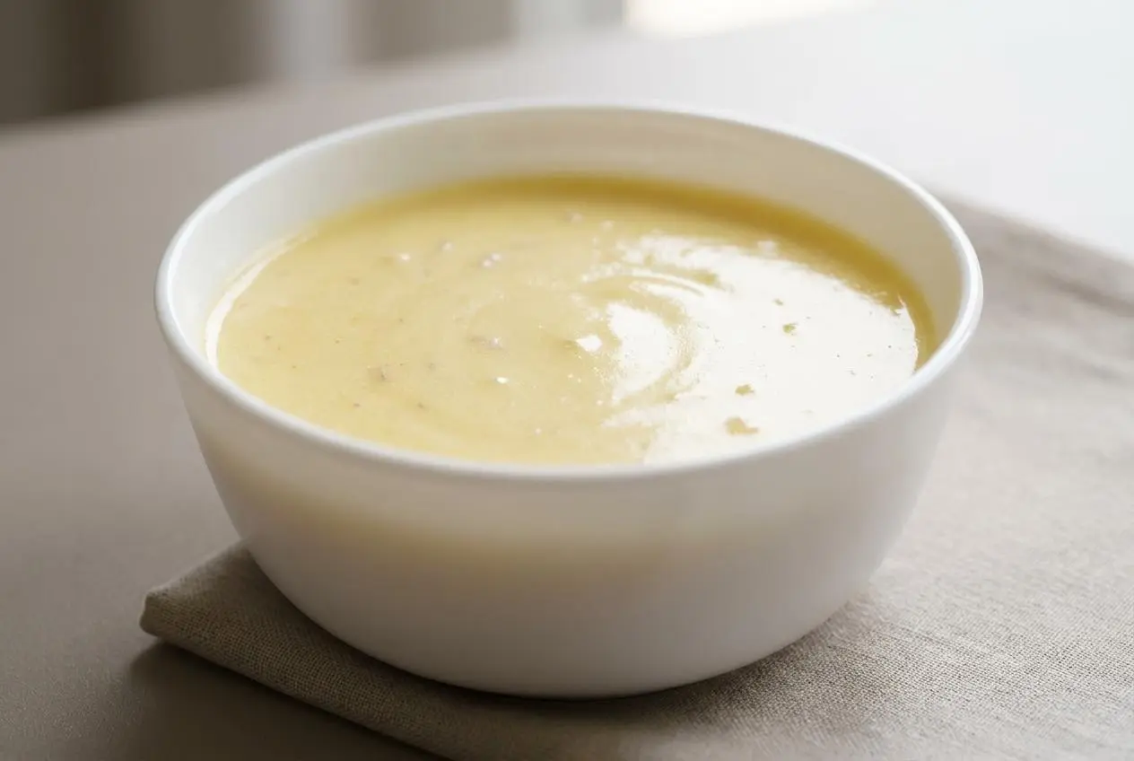 Sauce au beurre blanc onctueuse et nacrée dans une saucière élégante.