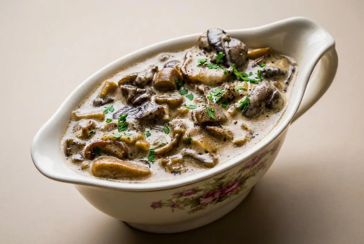 Sauce aux champignons onctueuse et dorée garnie de persil frais dans un plat de service.
