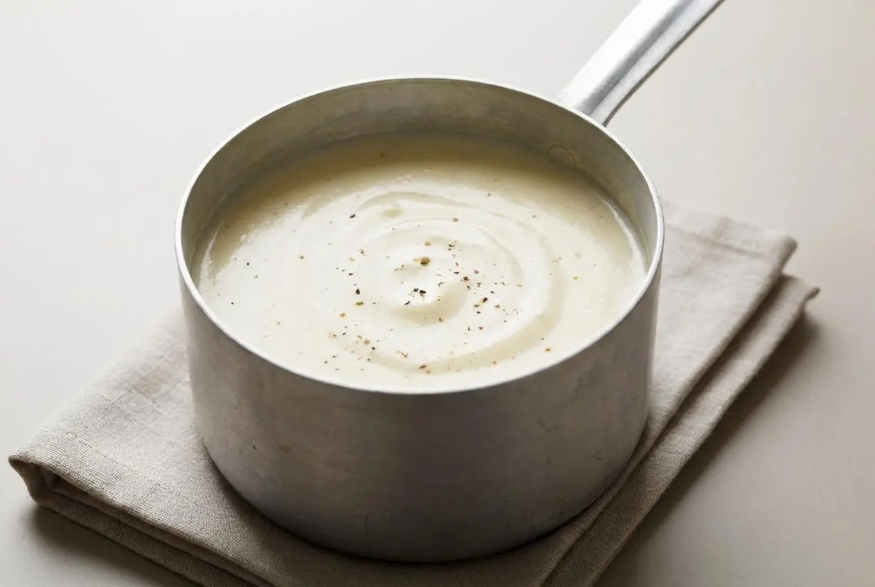 Sauce béchamel onctueuse et veloutée servie bien chaude avec une pointe de muscade.