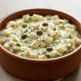 Sauce gribiche onctueuse aux œufs durs, câpres et herbes fraîches dans un bol en céramique.
