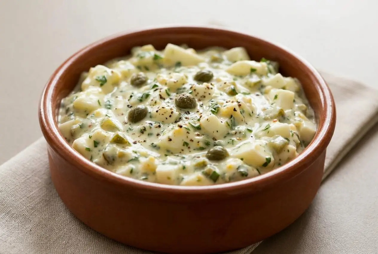 Sauce gribiche onctueuse aux œufs durs, câpres et herbes fraîches dans un bol en céramique.