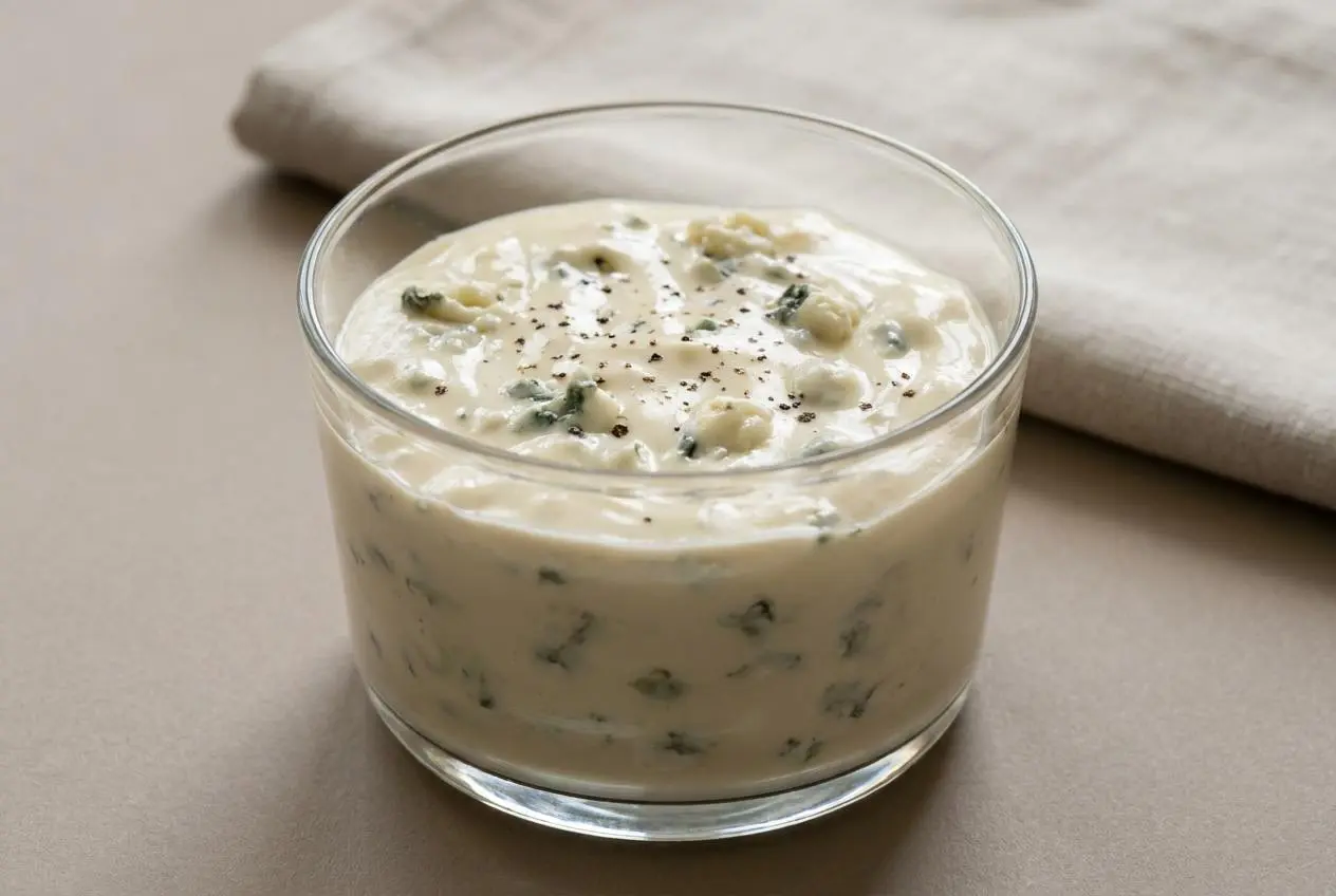Sauce roquefort crémeuse et onctueuse servie dans une saucière en céramique.