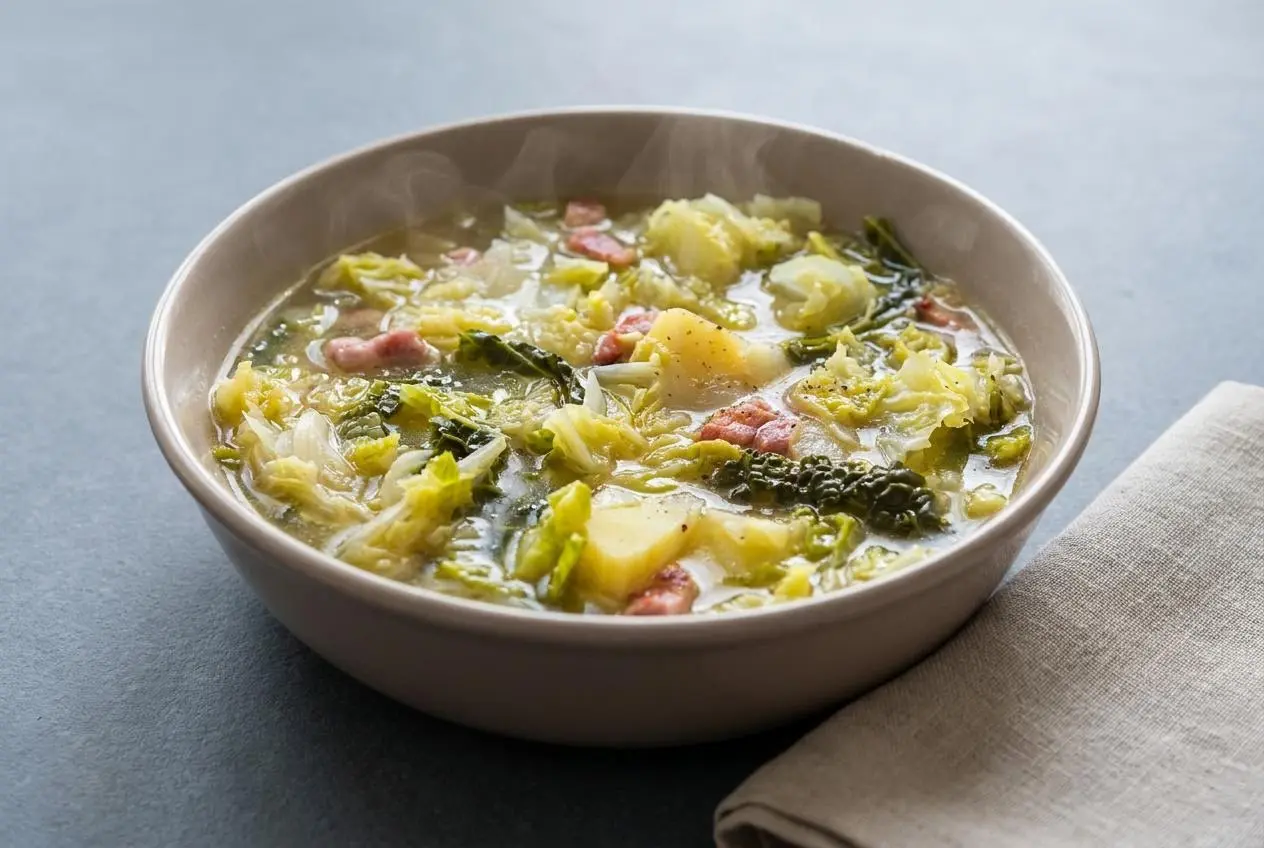 Soupe aux choux chaude et rustique dans un bol avec chou fondant et lardons croustillants.