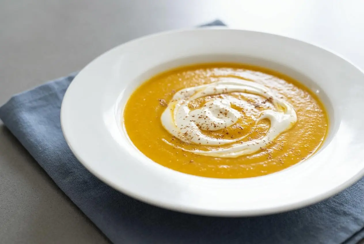 Bol de soupe butternut chaude et onctueuse avec un filet de crème fraîche.