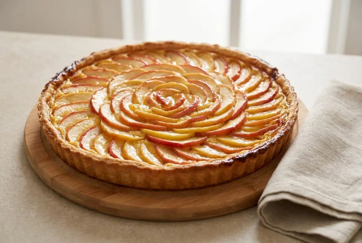 Tarte aux pommes alsacienne dorée au flan crémeux et lamelles de pommes fondantes.