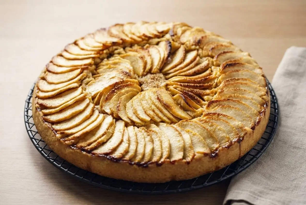 Tarte aux pommes dorée sur pâte brisée avec lamelles de fruits caramélisées et compote fondante.