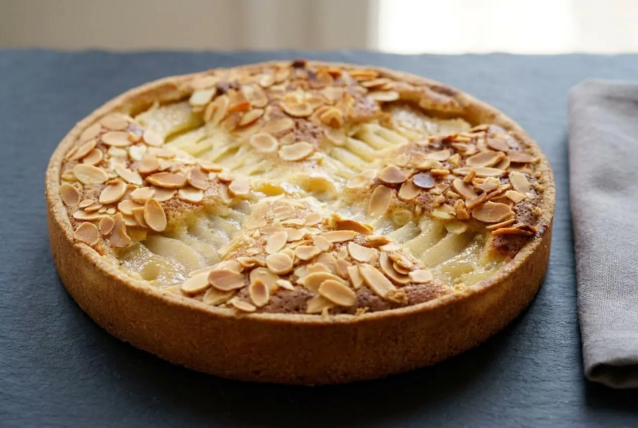 Tarte bourdaloue dorée aux poires pochées fondantes, crème d'amande et amandes effilées.