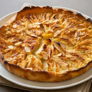 Tarte normande dorée aux pommes fondantes et amandes effilées sur une pâte sablée croustillante.