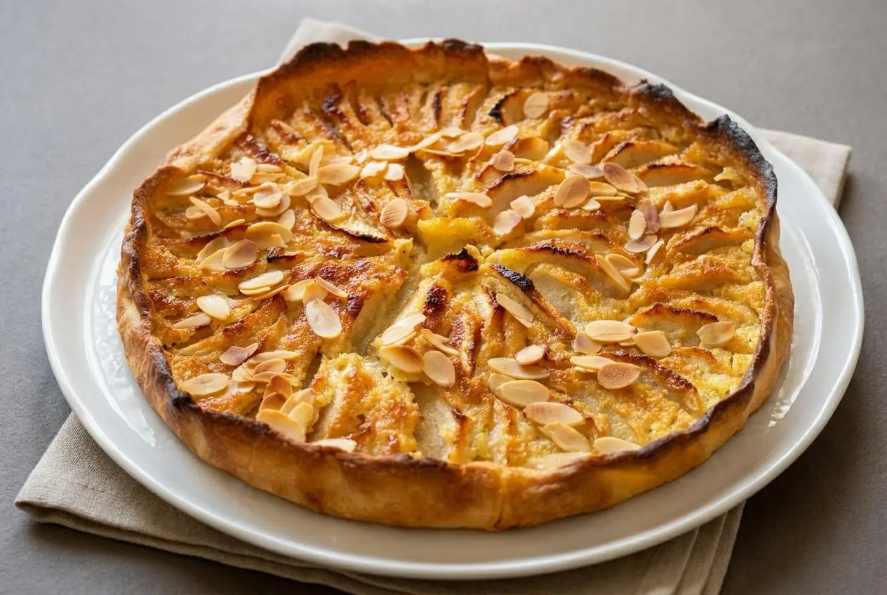Tarte normande dorée aux pommes fondantes et amandes effilées sur une pâte sablée croustillante.