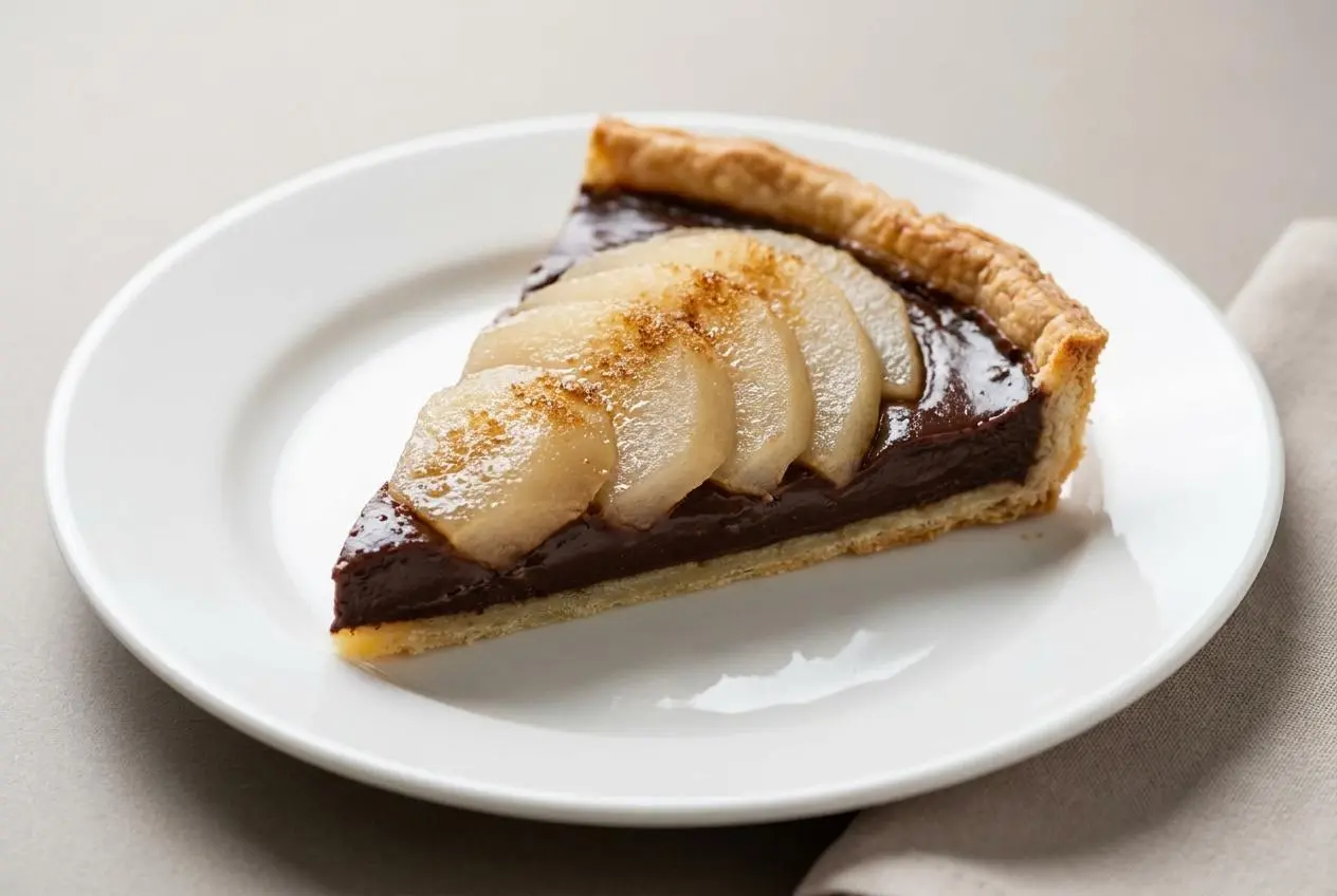 Tarte poire chocolat dorée garnie de demi-poires fondantes sur une ganache intense au chocolat noir.