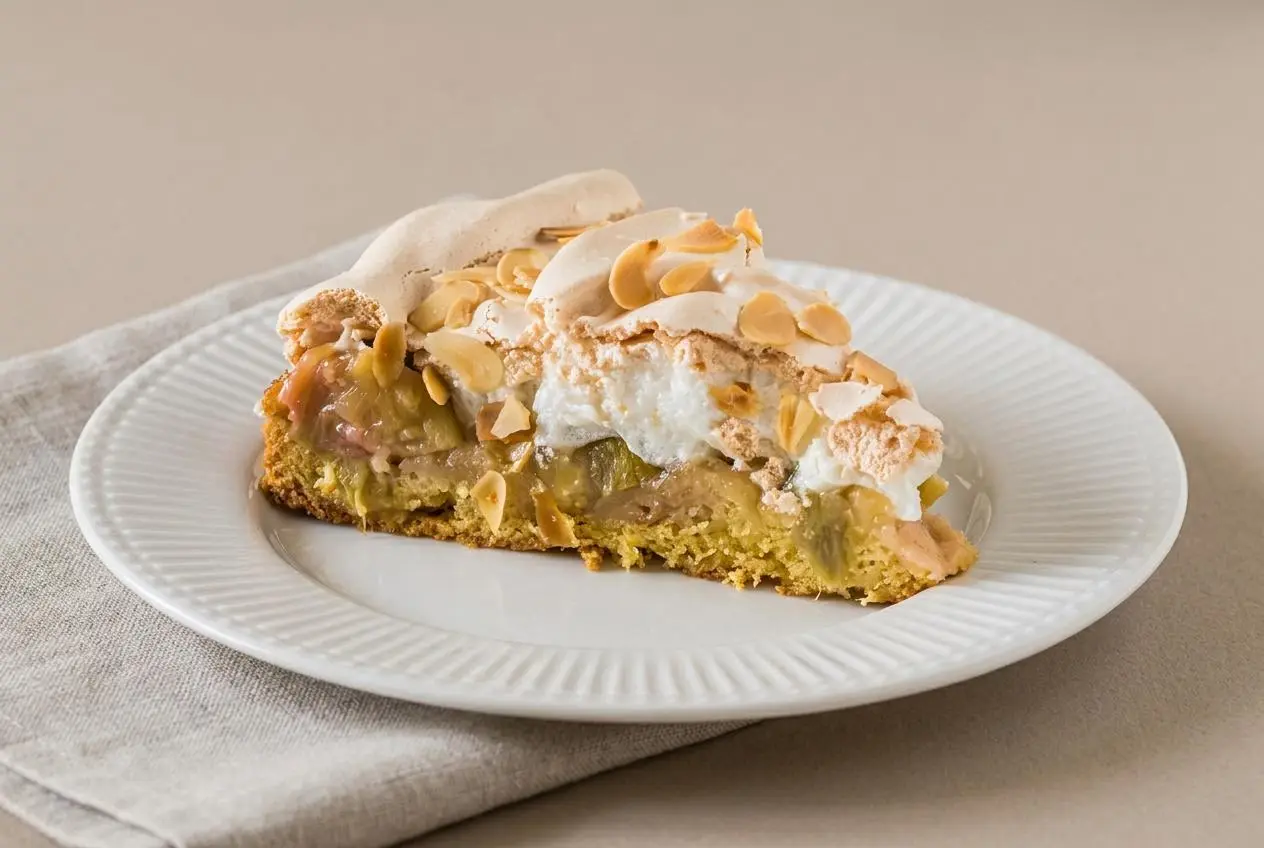 Tarte rhubarbe meringuée dorée avec une garniture fondante et une pâte brisée croustillante.