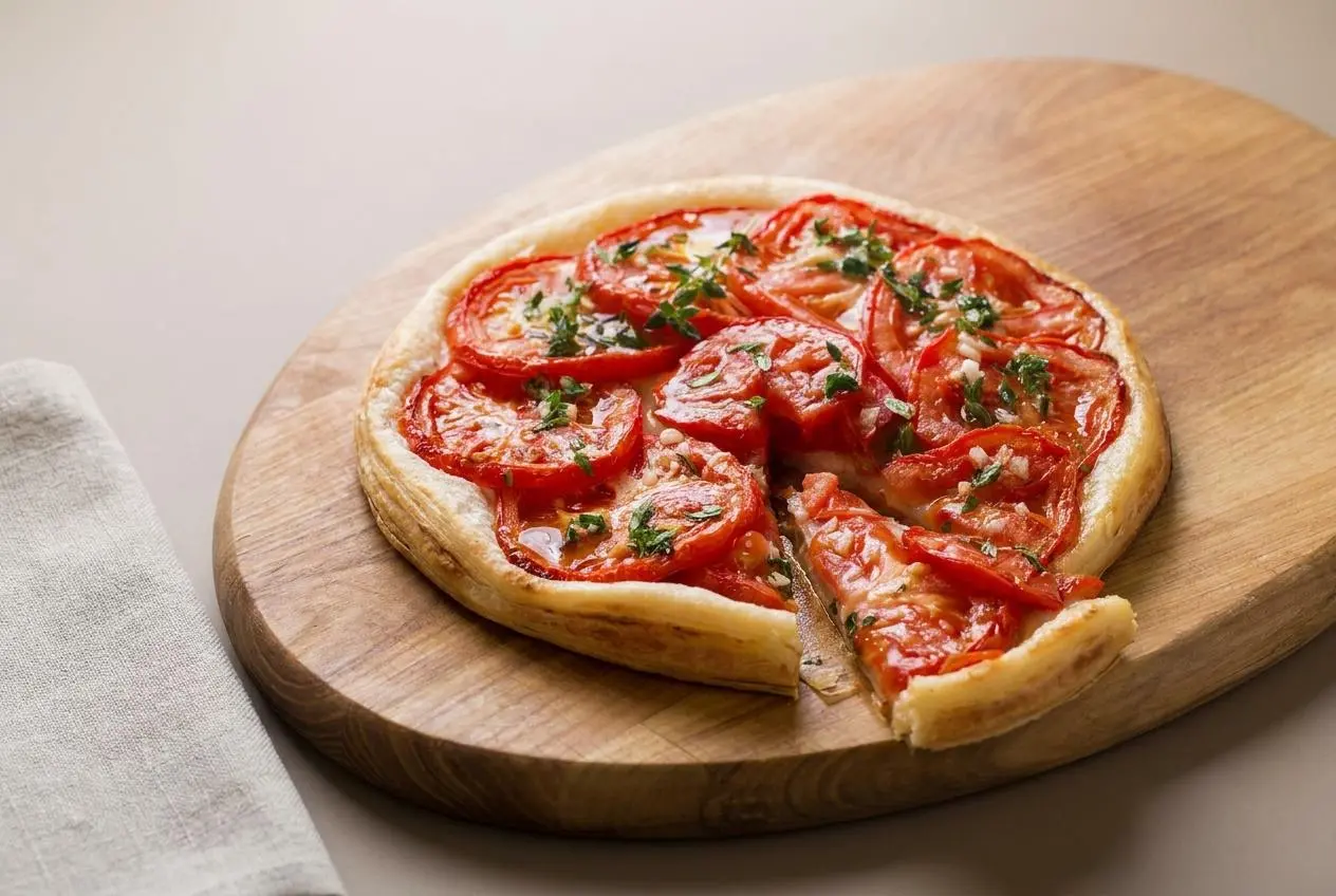 Tarte tomate moutarde dorée aux rondelles de tomates fondantes et herbes de Provence sur pâte feuilletée croustillante.
