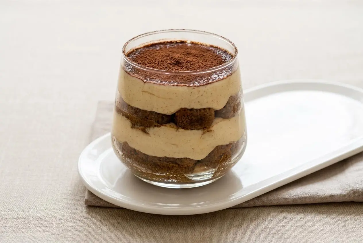 Tiramisu aux speculoos crémeux avec couches de mascarpone et voile de cacao non sucré.
