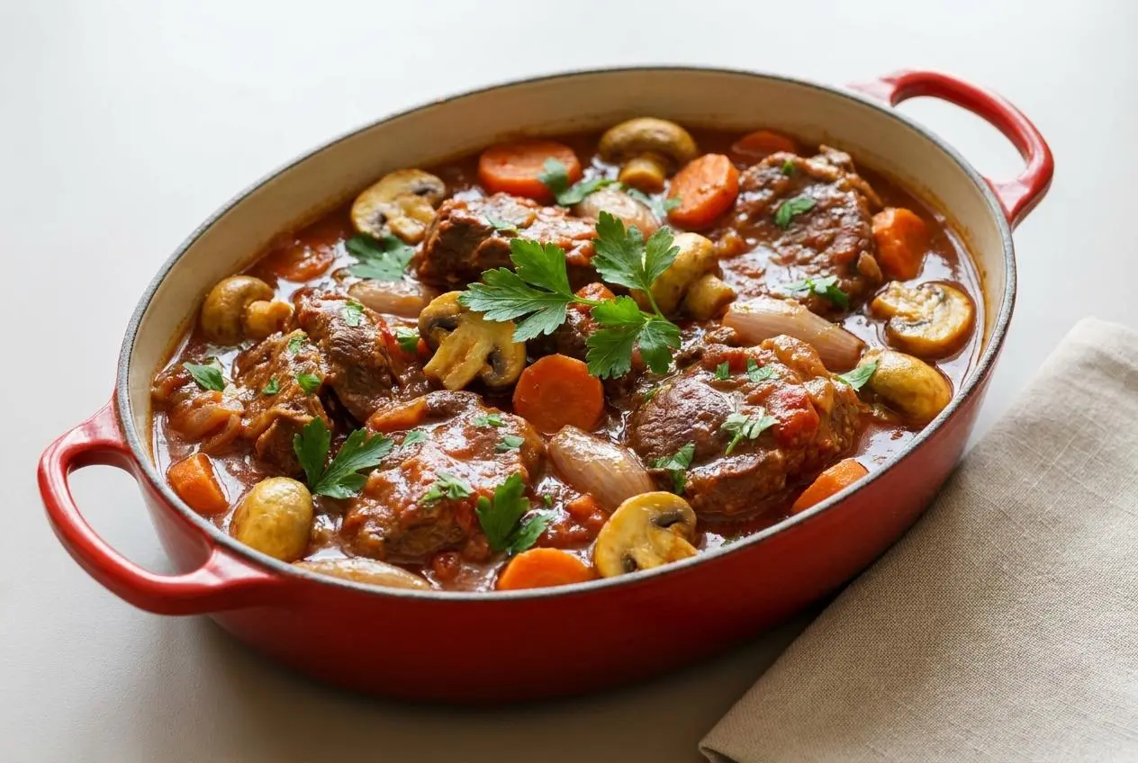 Veau marengo mijoté en cocotte avec morceaux d'épaule fondants, champignons et carottes en sauce tomate brillante.