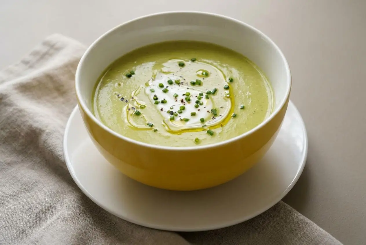 Bol de velouté de courgettes onctueux et lisse avec un filet d'huile d'olive et de la ciboulette fraîche.