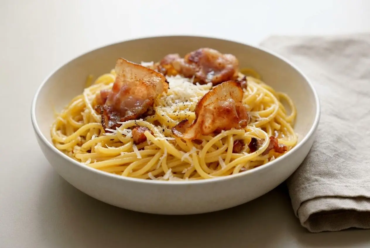 Vraie recette carbonara italienne de spaghetti au guanciale croustillant et sauce soyeuse aux œufs.