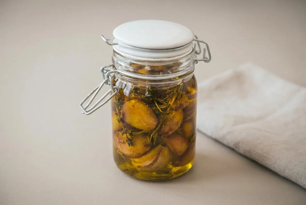 Gousses d'ail confit au four dorées et fondantes baignant dans une huile d'olive brillante aux herbes.