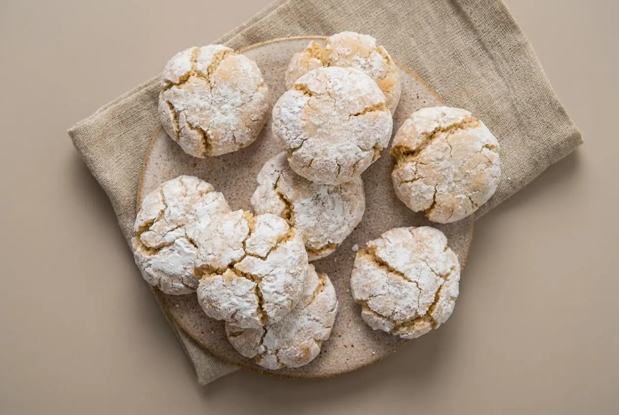 Amaretti moelleux faits maison à la croûte craquelée blanche et au cœur tendre d'amande.