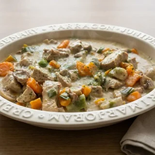 Blanquette de porc fondante aux poireaux et carottes dans une sauce crémeuse nappante.