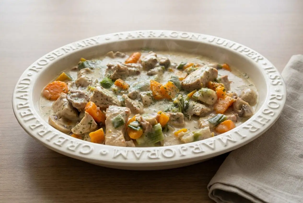 Blanquette de porc fondante aux poireaux et carottes dans une sauce crémeuse nappante.