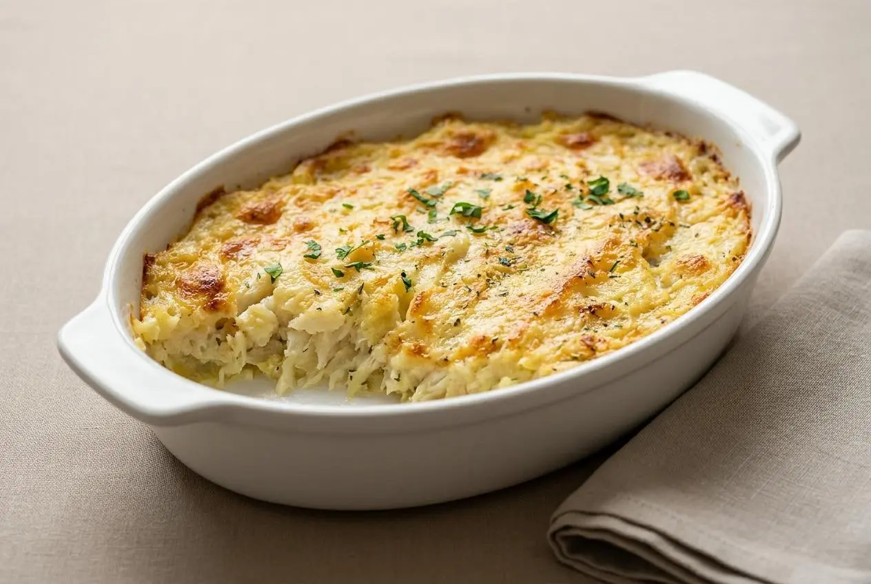 Plat de brandade de morue portugaise gratinée au four avec sa croûte dorée et persil frais