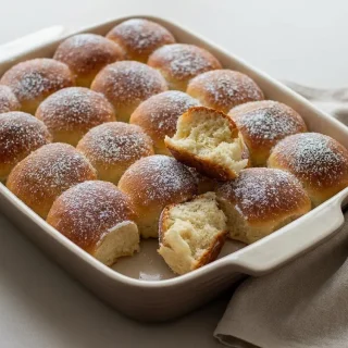 Brioche butchy dorée et saupoudrée de sucre glace dans un plat de cuisson rectangulaire.