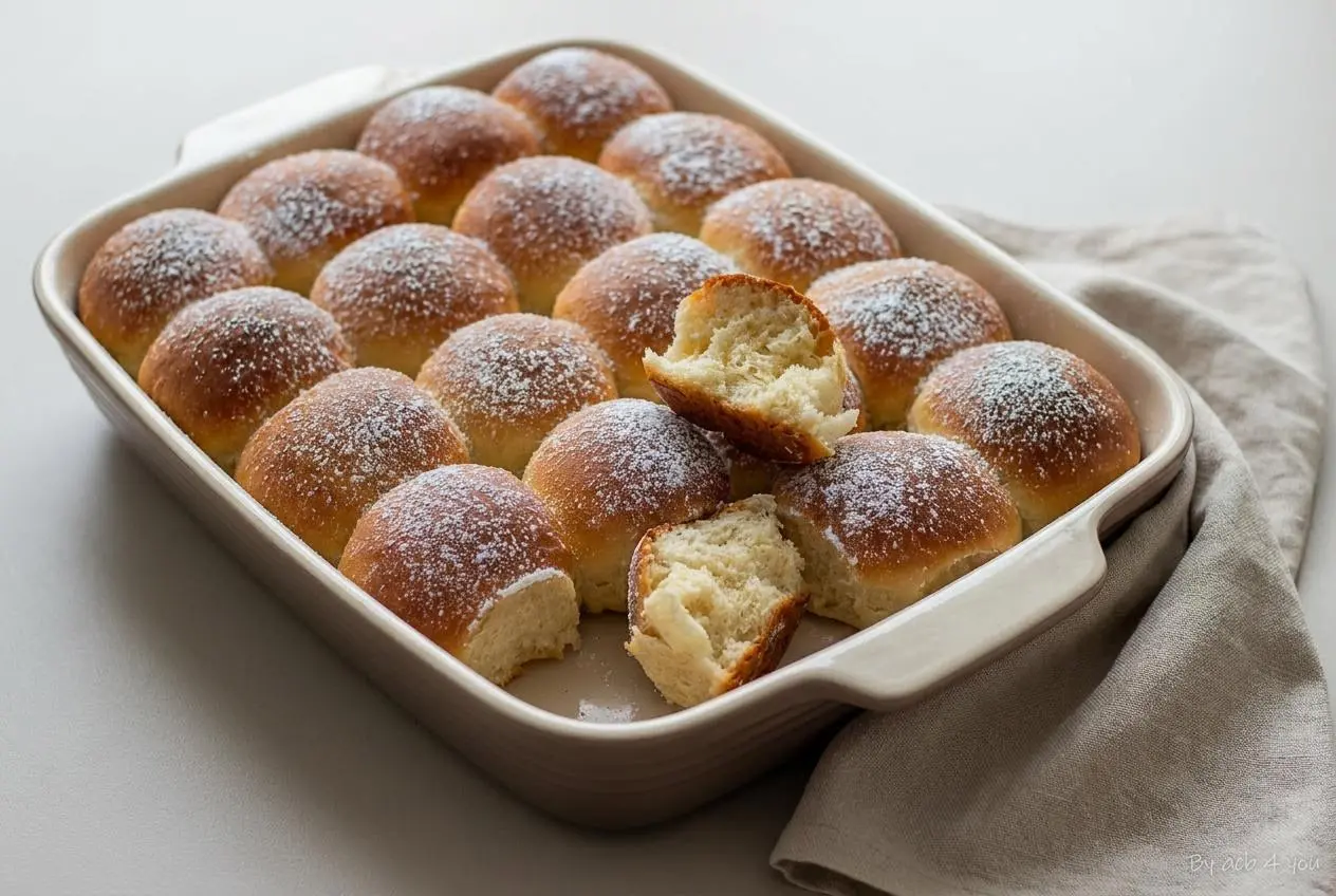 Brioche butchy dorée et saupoudrée de sucre glace dans un plat de cuisson rectangulaire.