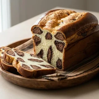 Brioche léopard tranchée dévoilant sa mie filante tachetée de cacao sous une croûte bien dorée.