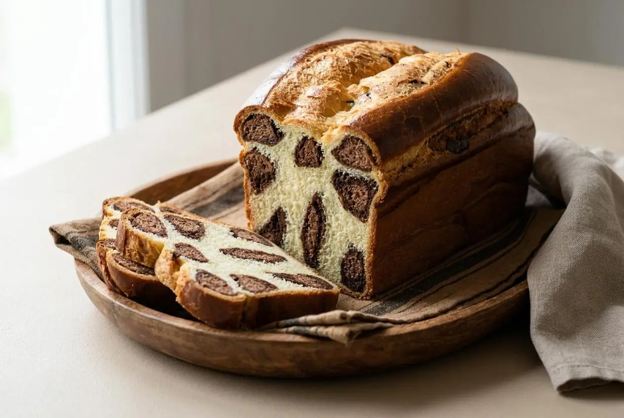 Brioche léopard tranchée dévoilant sa mie filante tachetée de cacao sous une croûte bien dorée.