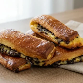 Brioche suisse dorée et brillante garnie de crème pâtissière et pépites de chocolat