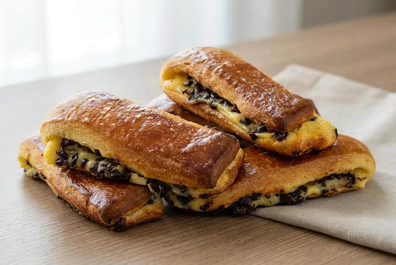 Brioche suisse dorée et brillante garnie de crème pâtissière et pépites de chocolat