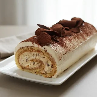 Bûche tiramisu festive nappée de ganache crémeuse et saupoudrée de cacao amer.