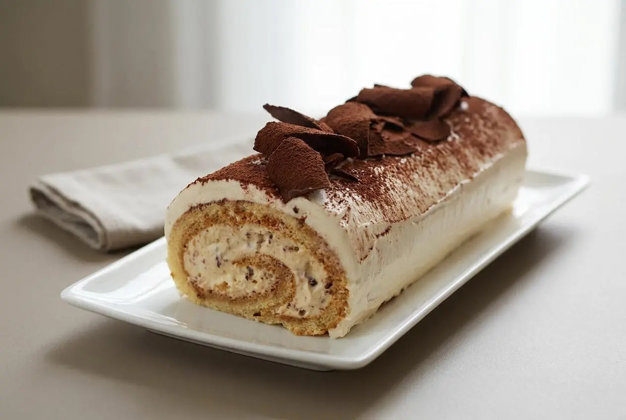 Bûche tiramisu festive nappée de ganache crémeuse et saupoudrée de cacao amer.