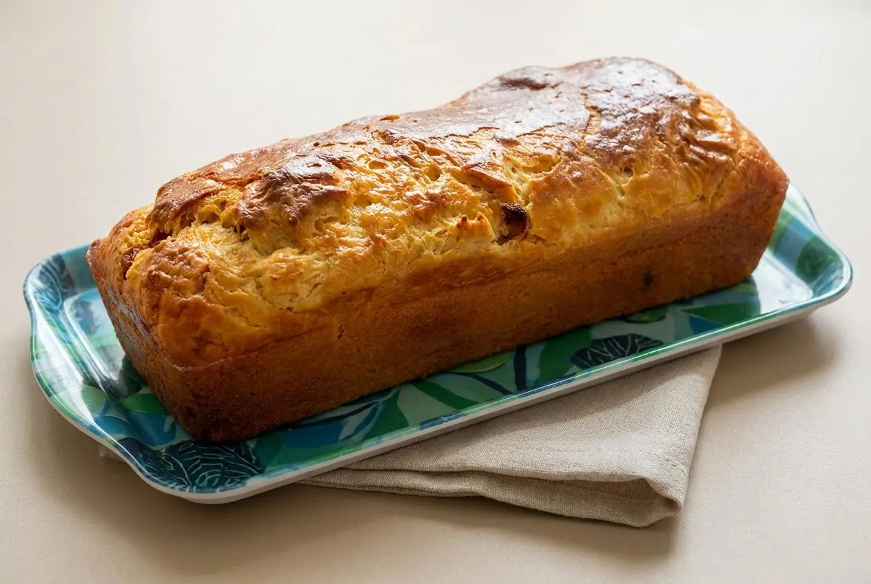 Cake au chorizo doré et moelleux tranché sur une planche de service.