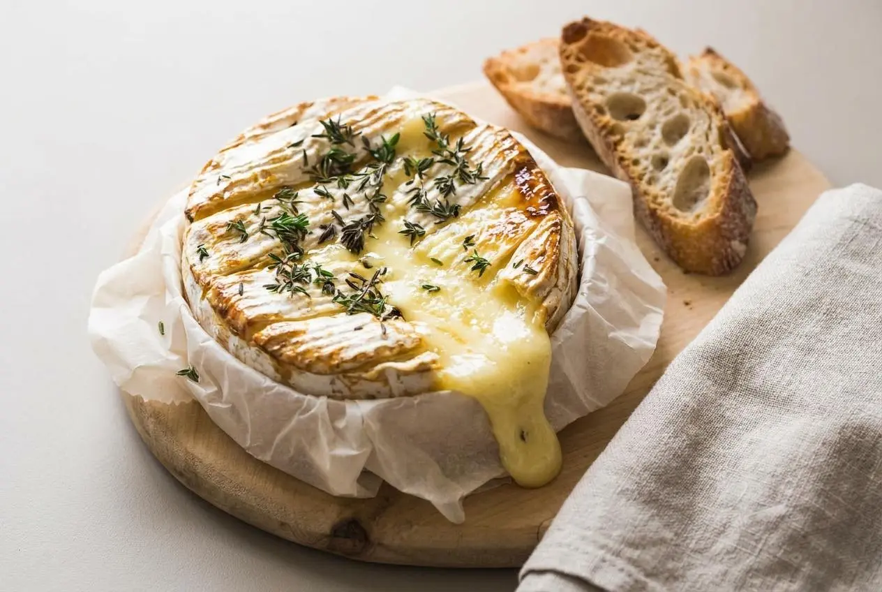 Camembert rôti au four à la croûte dorée incisée et au cœur ultra coulant parfumé au thym frais.