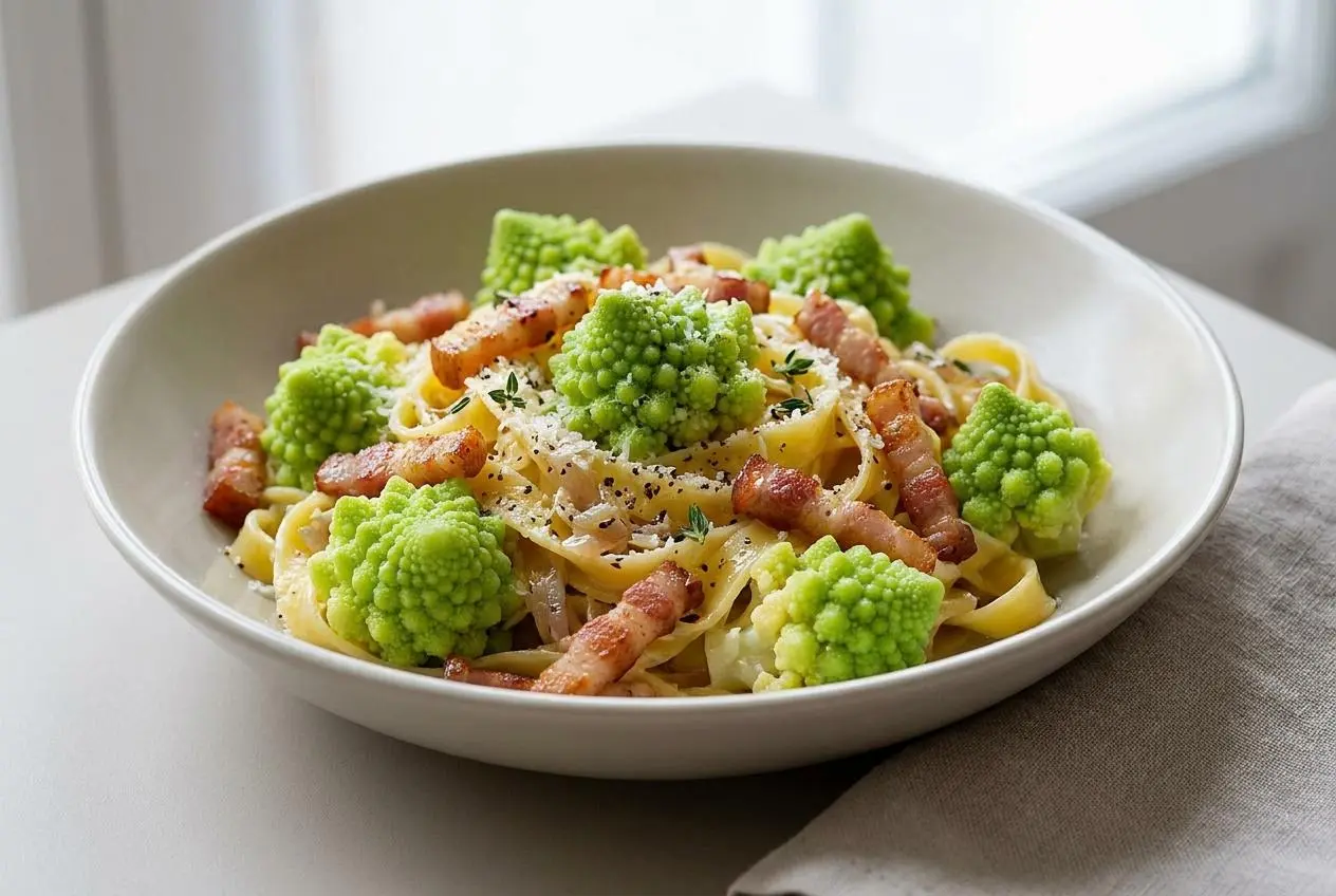 Chou romanesco à la carbonara servi avec une sauce crémeuse nappante et des lardons fumés bien dorés.