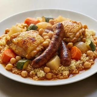 Couscous au Cookeo avec cuisses de poulet dorées, merguez, légumes fondants et bouillon rouge épicé